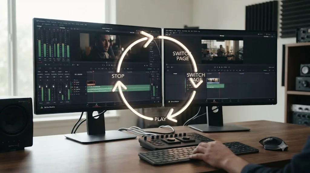 Illustration of DaVinci Resolve's Fairlight and Edit pages connected by a looping stop-switch-play cycle