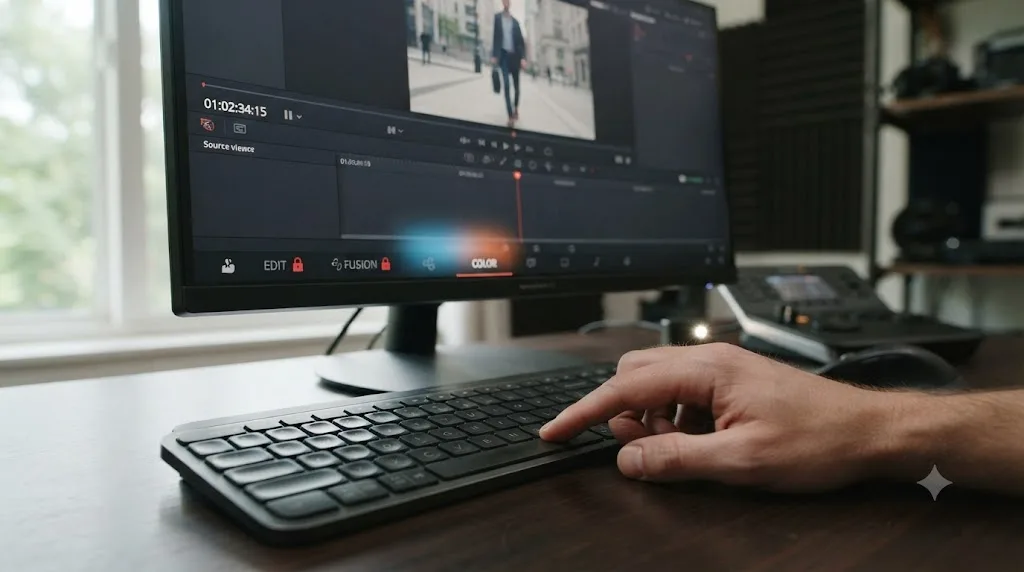 Illustration of a spacebar press unlocking DaVinci Resolve's page tab bar during playback