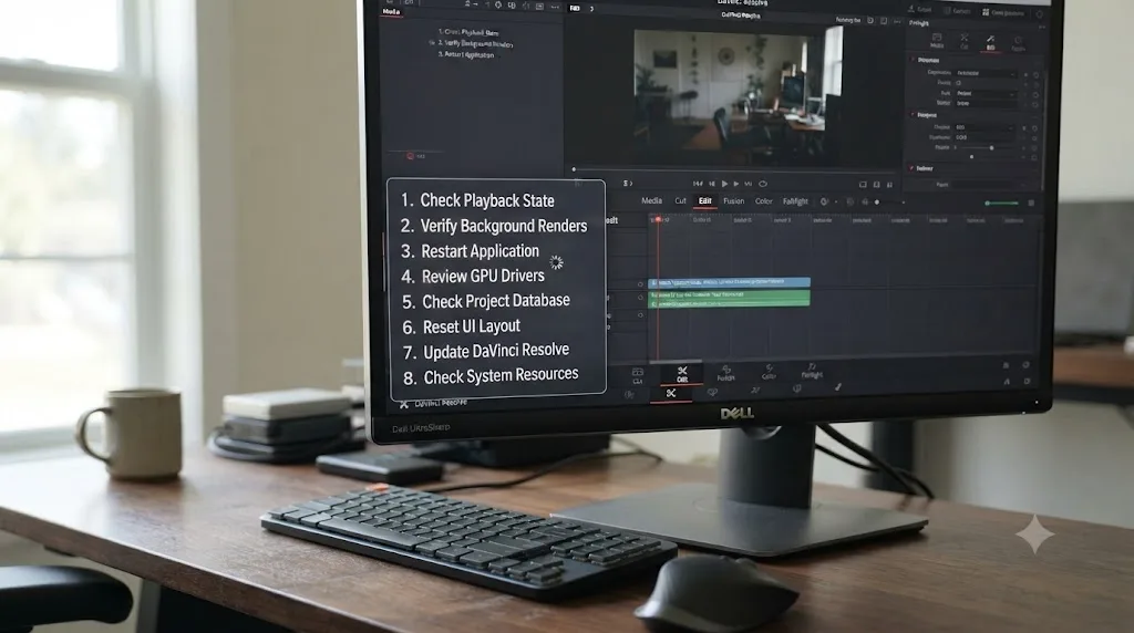 Illustration of a numbered troubleshooting checklist for DaVinci Resolve page switching problems