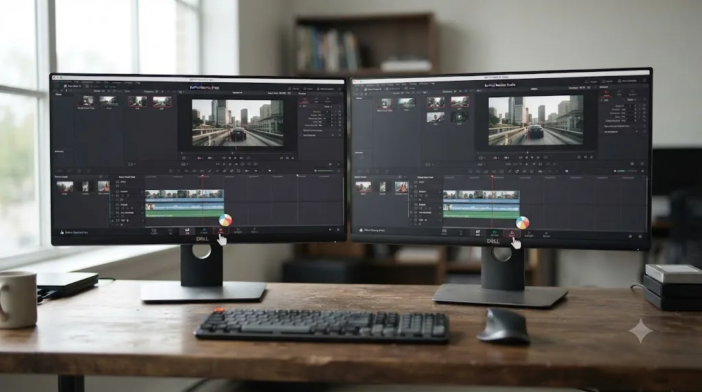 Illustration comparing identical locked page tab behavior between free and Studio DaVinci Resolve during playback
