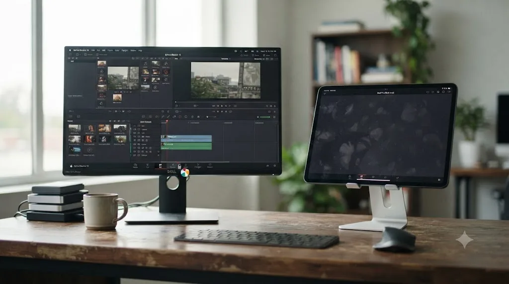 Illustration comparing DaVinci Resolve desktop's playback-locked page tabs against hidden pages on DaVinci Resolve for iPad