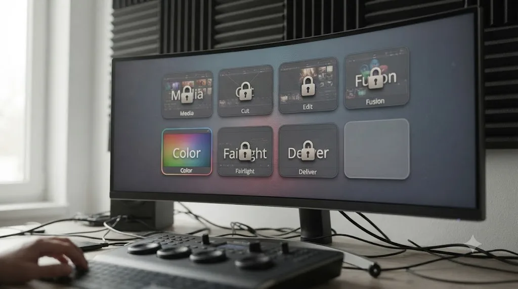 Illustration of DaVinci Resolve's eight pages with a lock icon shown on every page except Color