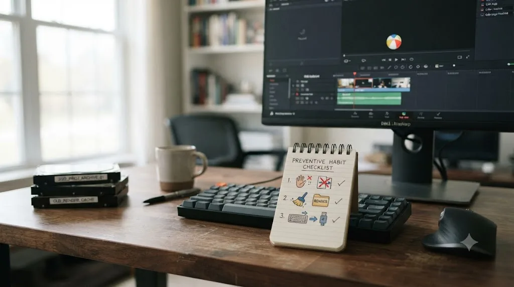Illustration of a preventive habit checklist for DaVinci Resolve covering stop-before-switch, render folder cleanup, and keyboard preset backups