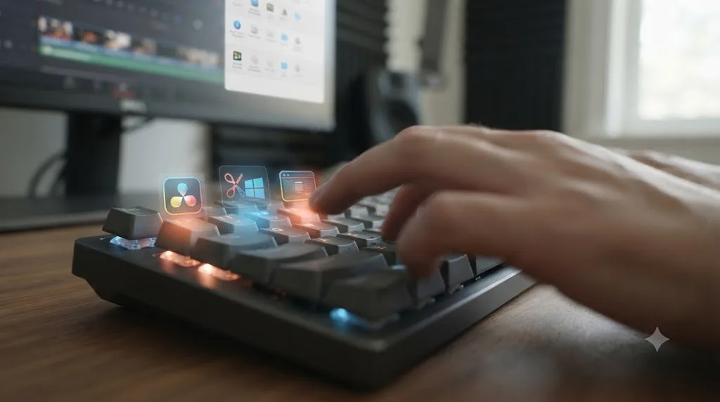 Illustration of conflicting shortcut icons between DaVinci Resolve page switching keys and operating system shortcuts