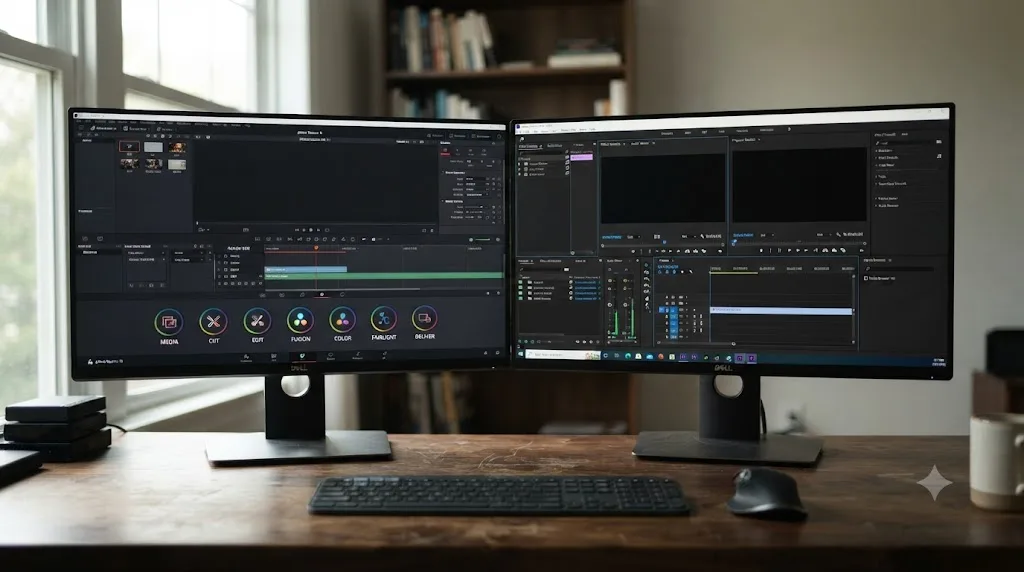Illustration comparing DaVinci Resolve's page-based structure against Premiere Pro's panel-based workspace structure