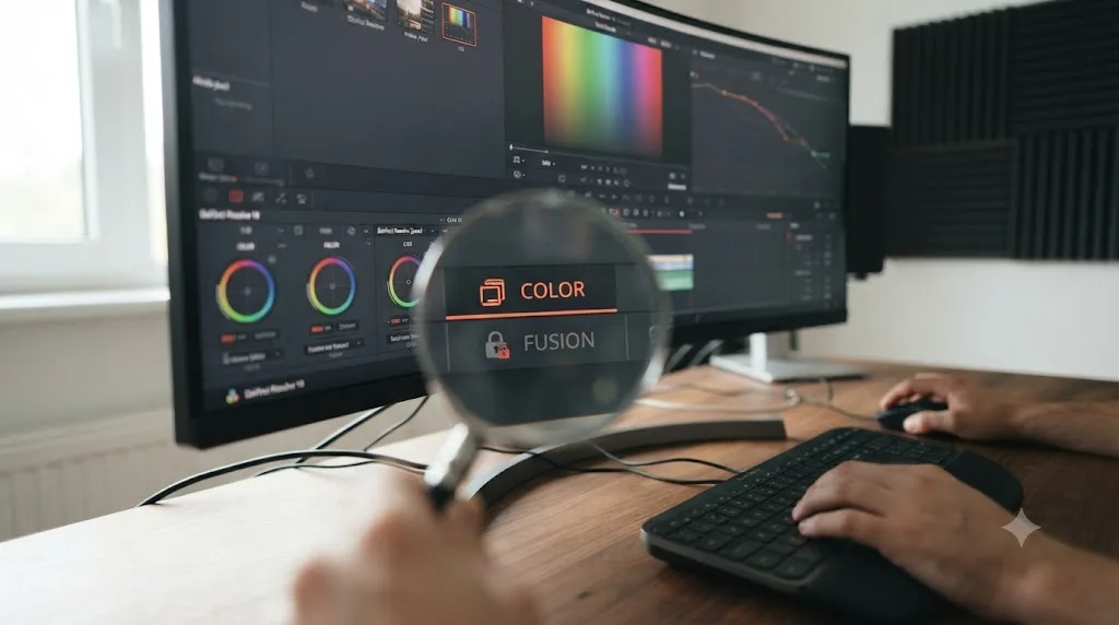 Illustration of a magnifying glass comparing an active DaVinci Resolve page tab against a locked, unresponsive one