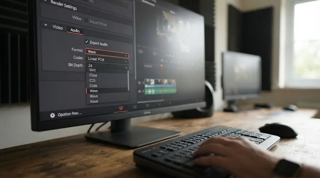 Illustration of the DaVinci Resolve Render Settings panel with the Export Video checkbox unchecked and Export Audio checkbox checked