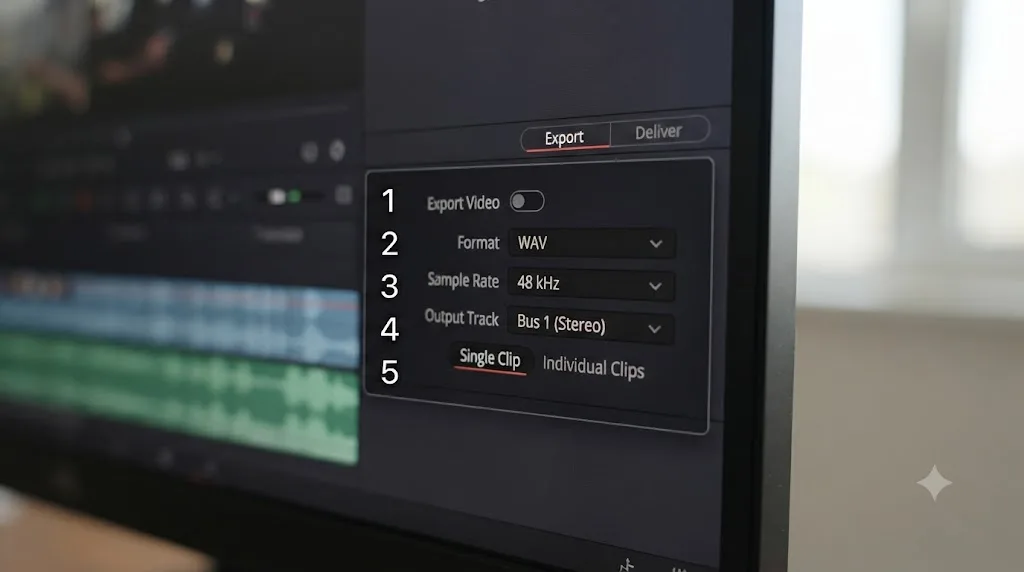 Illustration of a numbered checklist overlaid on the DaVinci Resolve Deliver page covering export settings in the correct order