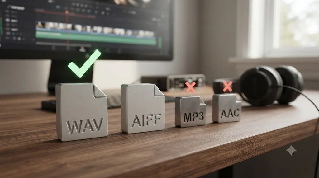 Illustration comparing Wave, AIFF, MP3, and AAC audio export formats with Wave highlighted for archival quality