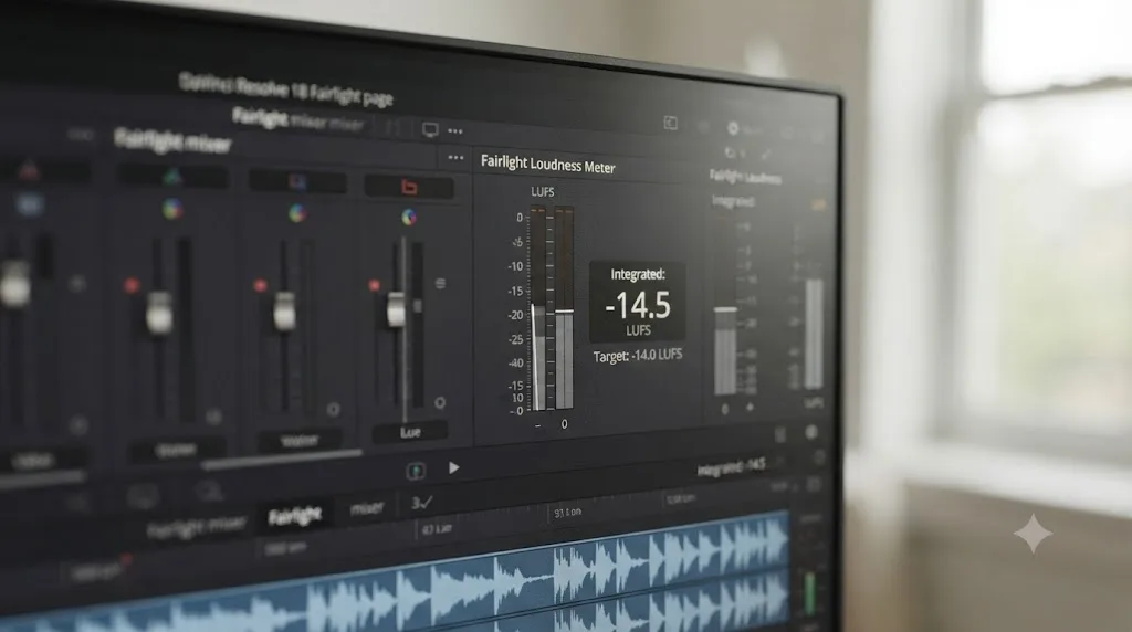 Illustration of the DaVinci Resolve Fairlight Loudness Meter displaying an Integrated LUFS reading against a target value
