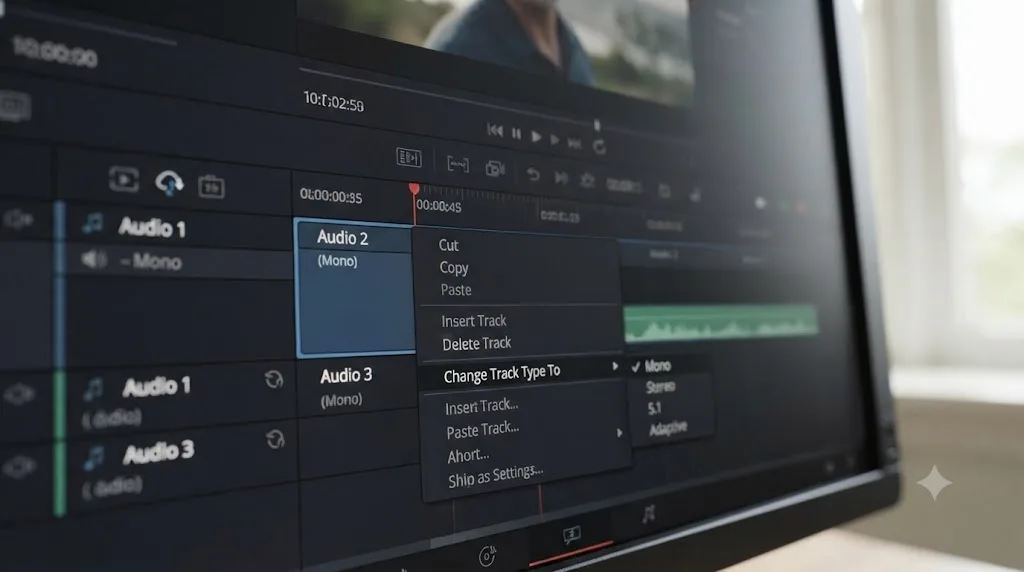 Illustration of a DaVinci Resolve track header context menu with the Change Track Type To Mono option highlighted