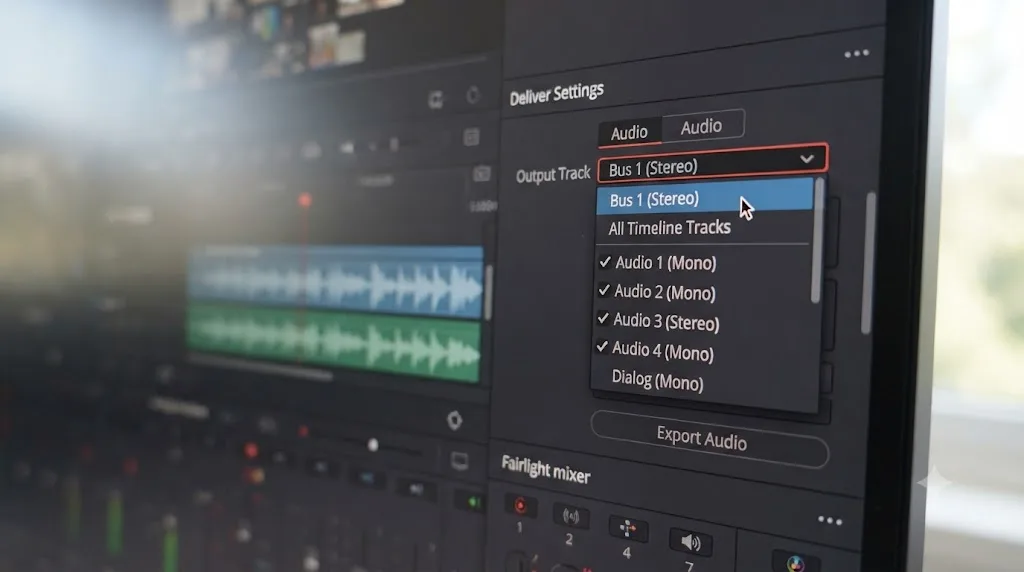 Illustration of the DaVinci Resolve Output Track dropdown showing Bus 1 Stereo and individual timeline track options