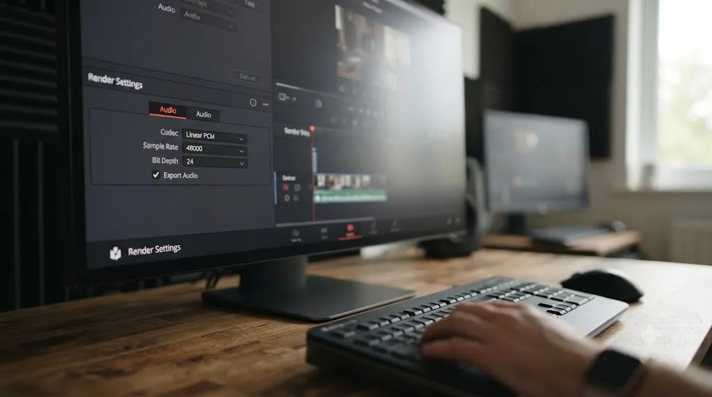 Illustration of the DaVinci Resolve Audio tab with Linear PCM codec, 48kHz sample rate, and 24-bit depth selected