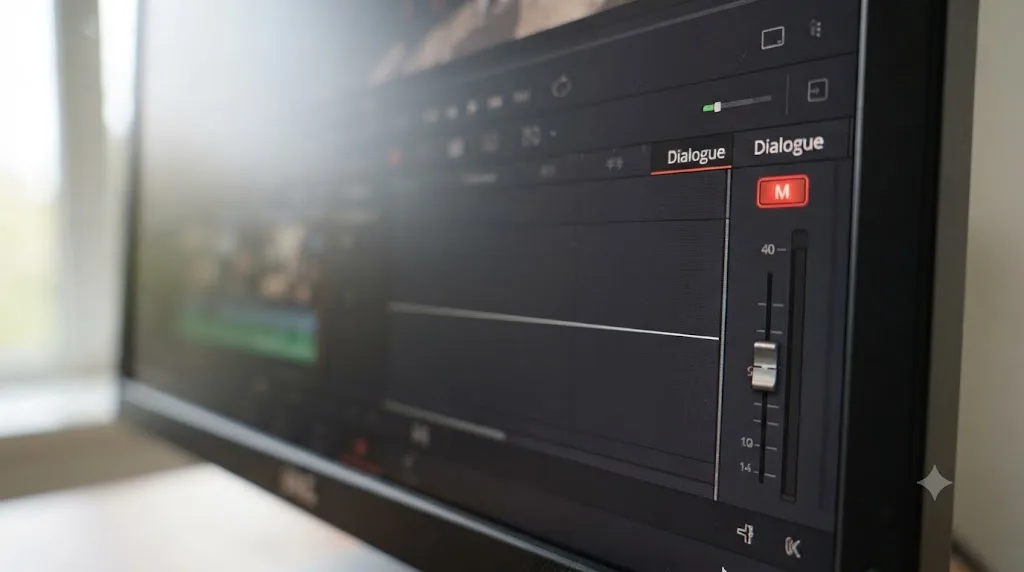 Illustration of a muted DaVinci Resolve Fairlight channel strip next to a flat silent waveform, representing a silent export
