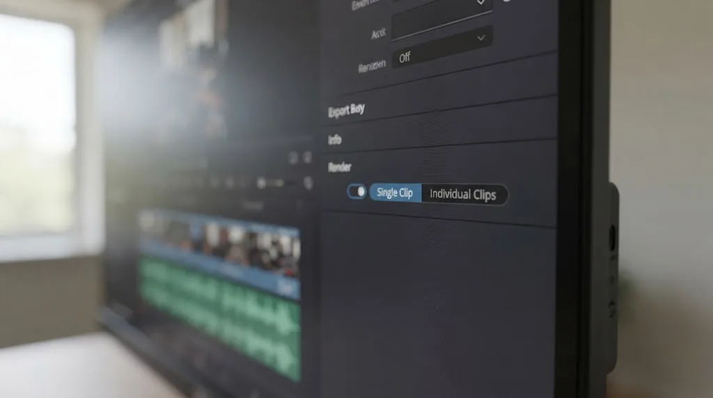 Illustration of the DaVinci Resolve Deliver page Single Clip and Individual Clips toggle with Single Clip selected
