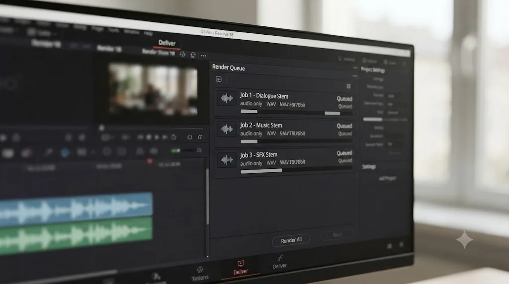 Illustration of a DaVinci Resolve render queue with three separate audio-only jobs for dialogue, music, and sound effects stems