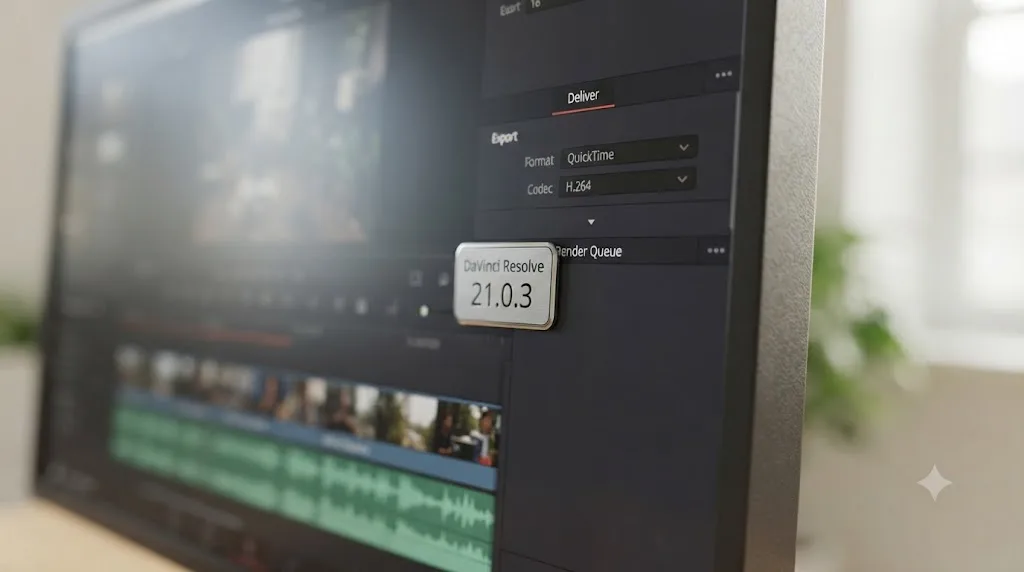 Illustration of a DaVinci Resolve 21.0.3 version badge beside the Deliver page interface