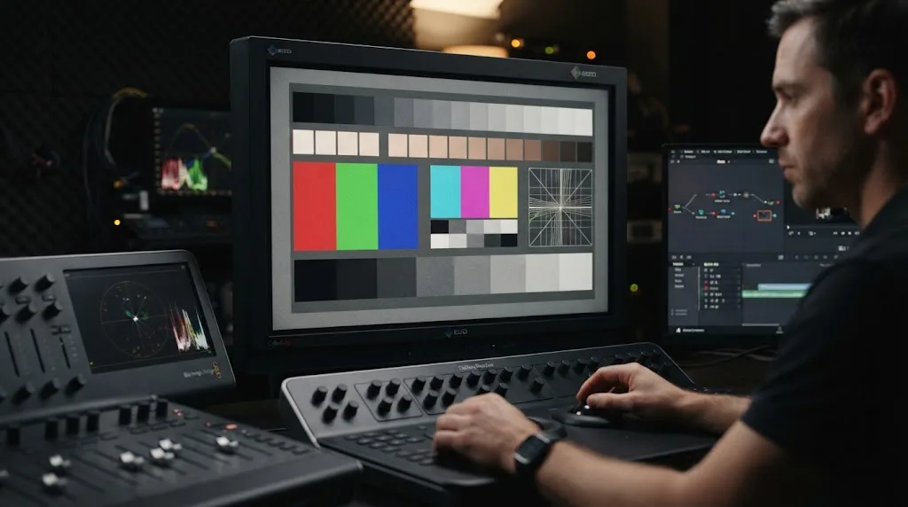 Illustration of a DCP color-management test frame being reviewed