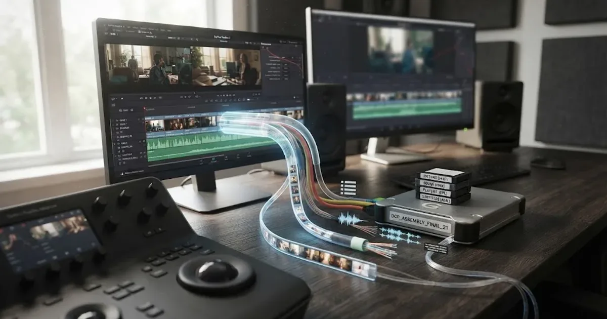 Illustration of a digital cinema package being prepared from a DaVinci Resolve timeline