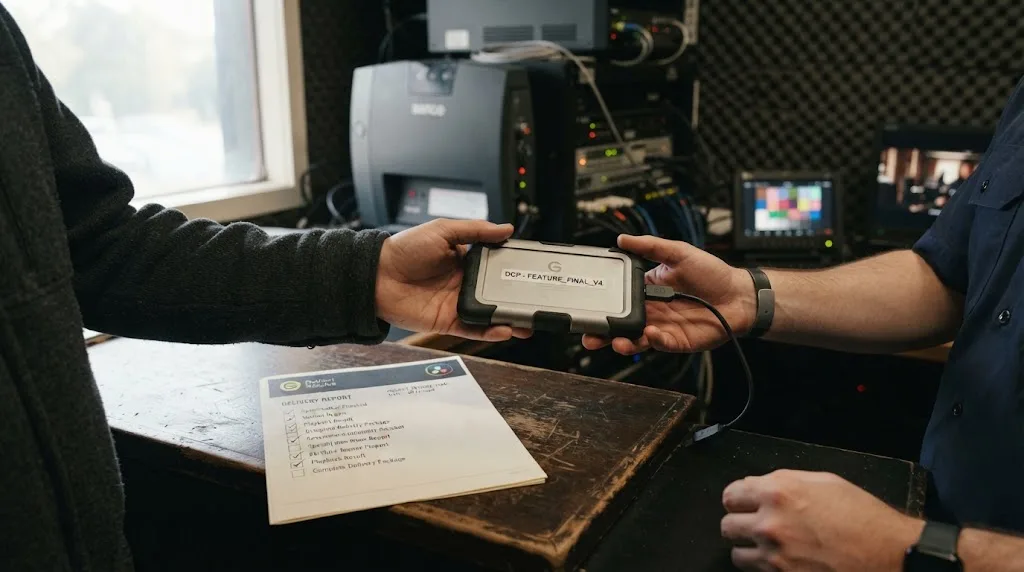 Illustration of a verified DaVinci Resolve DCP being handed to a cinema
