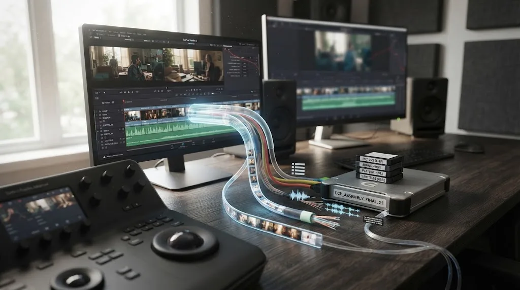Illustration of a DaVinci Resolve timeline being assembled into a digital cinema package