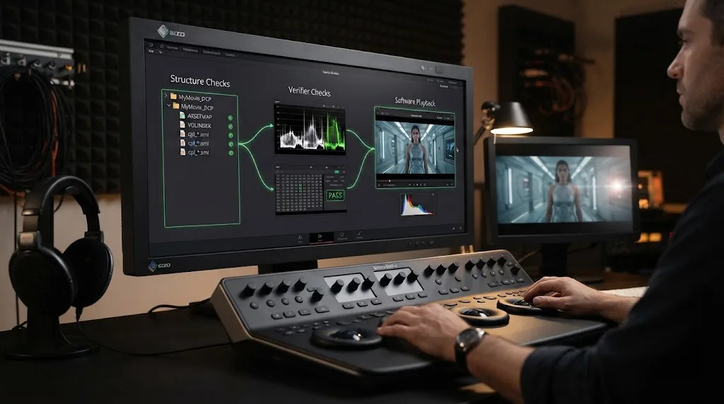 Illustration of a DCP validation workflow from package inspection to cinema playback