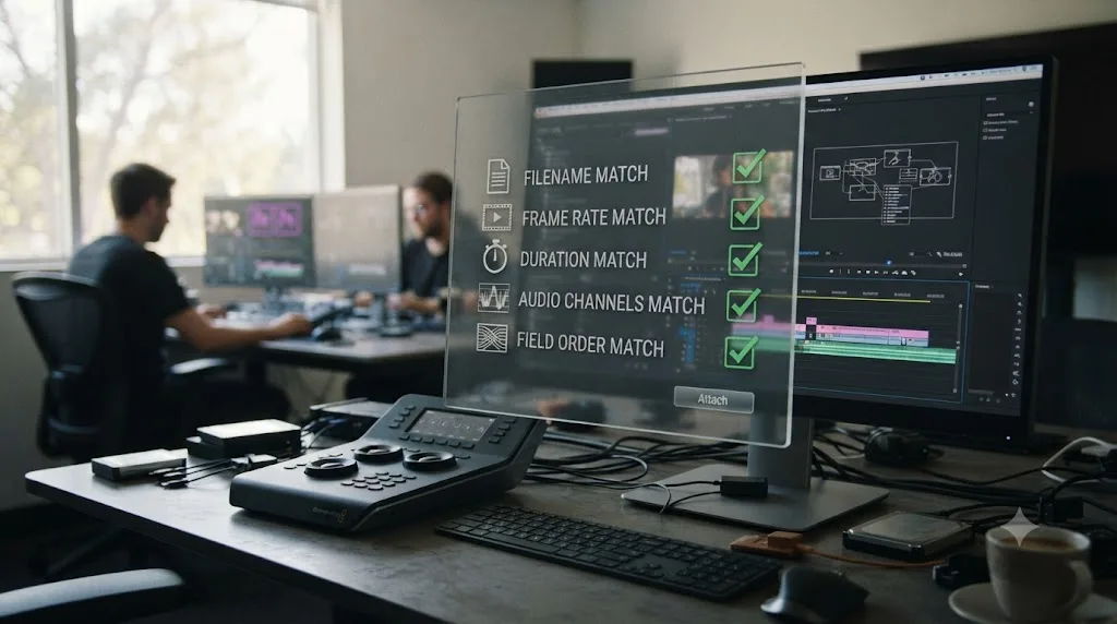 Illustration of the Premiere Pro Attach Proxies dialog checklist covering filename, frame rate, duration, and audio channel matching