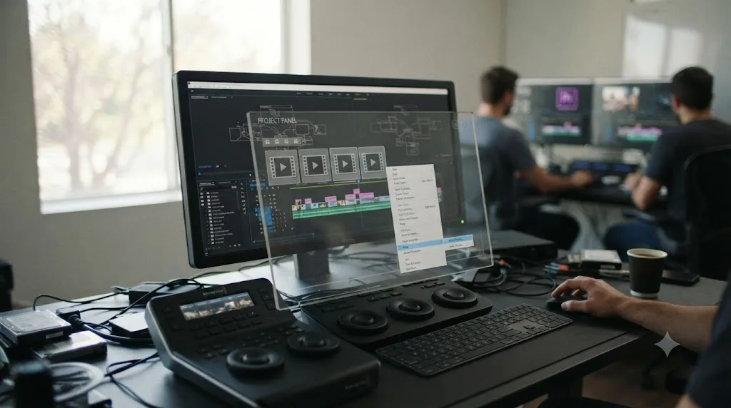 Illustration of the Premiere Pro Project panel with clips selected and the Proxy, Attach Proxies menu open