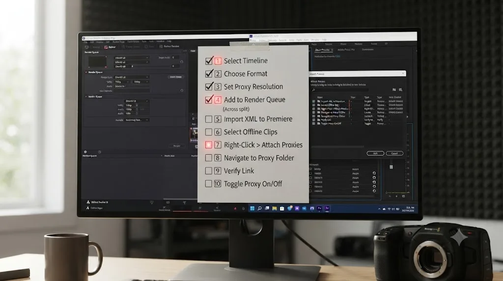 Illustration of a numbered checklist overlaid on DaVinci Resolve's Deliver page and Premiere Pro's Attach Proxies dialog