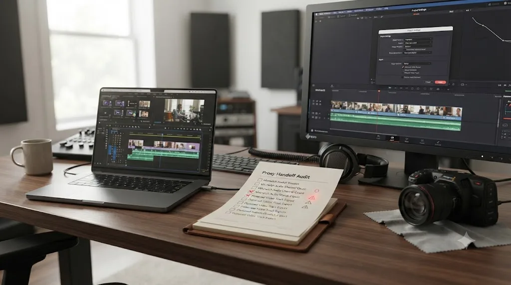 Illustration of a checklist of common mistakes in a DaVinci Resolve to Premiere Pro proxy handoff