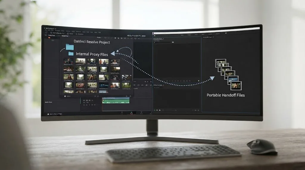 Illustration comparing DaVinci Resolve's internal proxy workflow against a portable proxy handoff bound for Premiere Pro