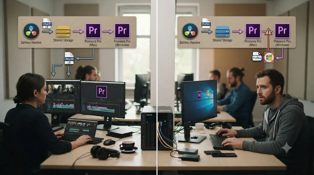 Illustration comparing DNxHR LB and ProRes Proxy reliability across Mac and Windows machines in a handoff pipeline