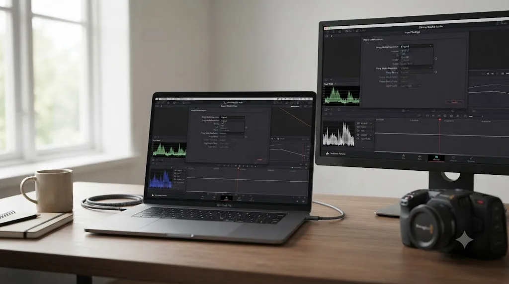 Illustration comparing DaVinci Resolve free and Studio versions showing identical proxy export features