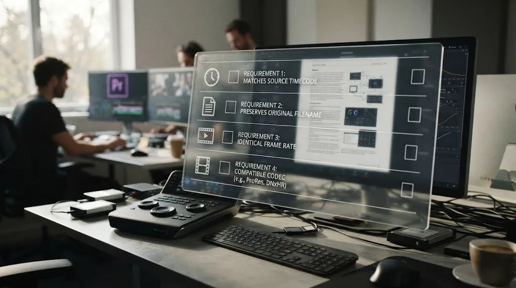Illustration of a checklist showing DaVinci Resolve's timecode, filename, frame rate, and codec requirements for external proxy files