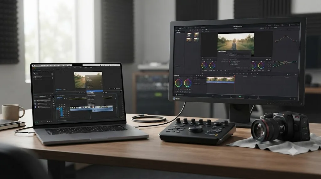 Illustration of a reversed handoff with a Premiere Pro editor sending proxy files to a DaVinci Resolve colorist