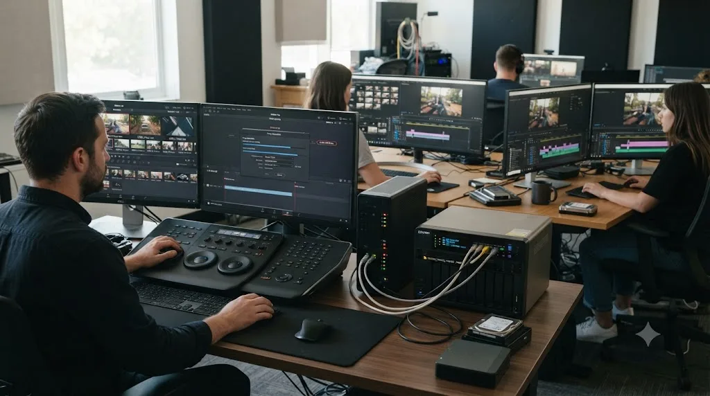 Illustration of DaVinci Resolve generating a shared proxy set distributed to multiple Premiere Pro editors