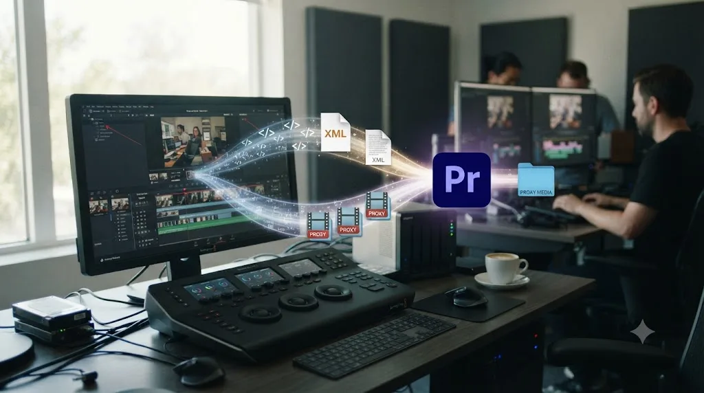 Illustration of a DaVinci Resolve timeline export sending both an XML file and proxy media toward Premiere Pro