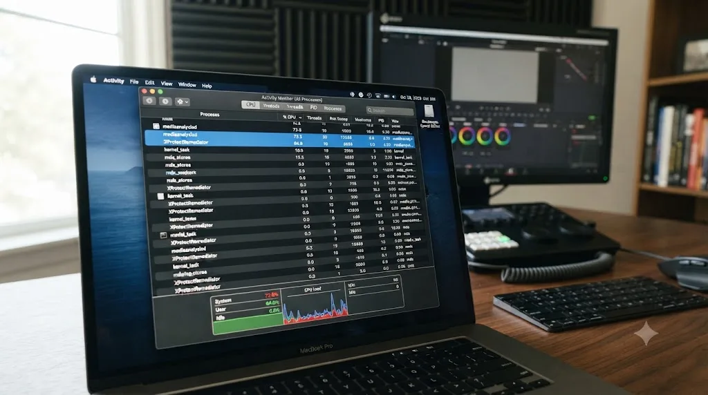 Illustration of a Mac Activity Monitor window highlighting background processes using heavy CPU shortly after a macOS update