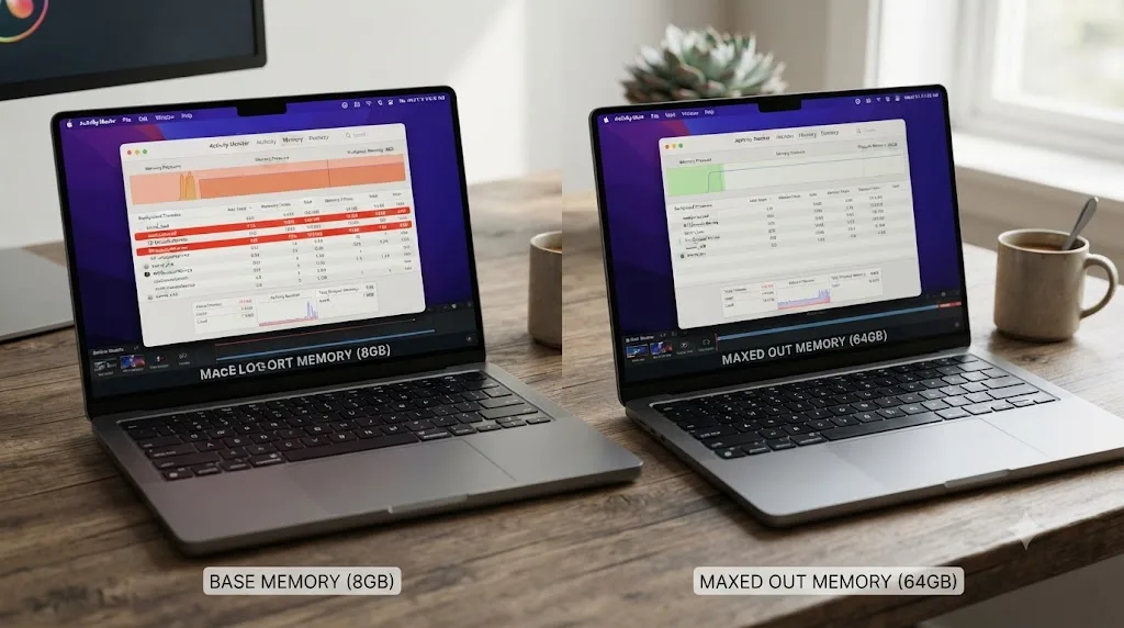 Illustration comparing a base memory Apple Silicon Mac and a higher memory configuration handling the same post-update background workload