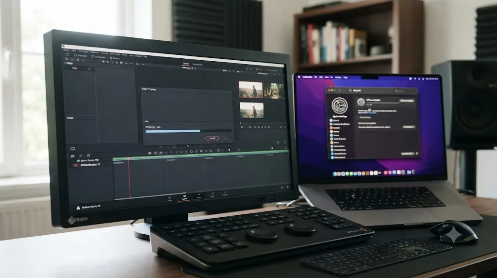 Illustration of a DaVinci Resolve export progress bar crawling forward next to a macOS update icon still finishing its own work