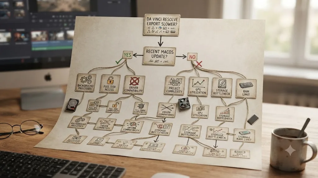 Illustration of a decision tree separating a macOS update related export slowdown from other common DaVinci Resolve performance causes