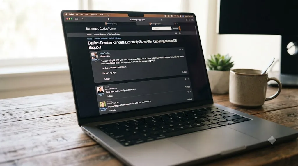 Illustration of a forum thread reporting DaVinci Resolve slowdowns after a macOS Sequoia update displayed on a laptop screen