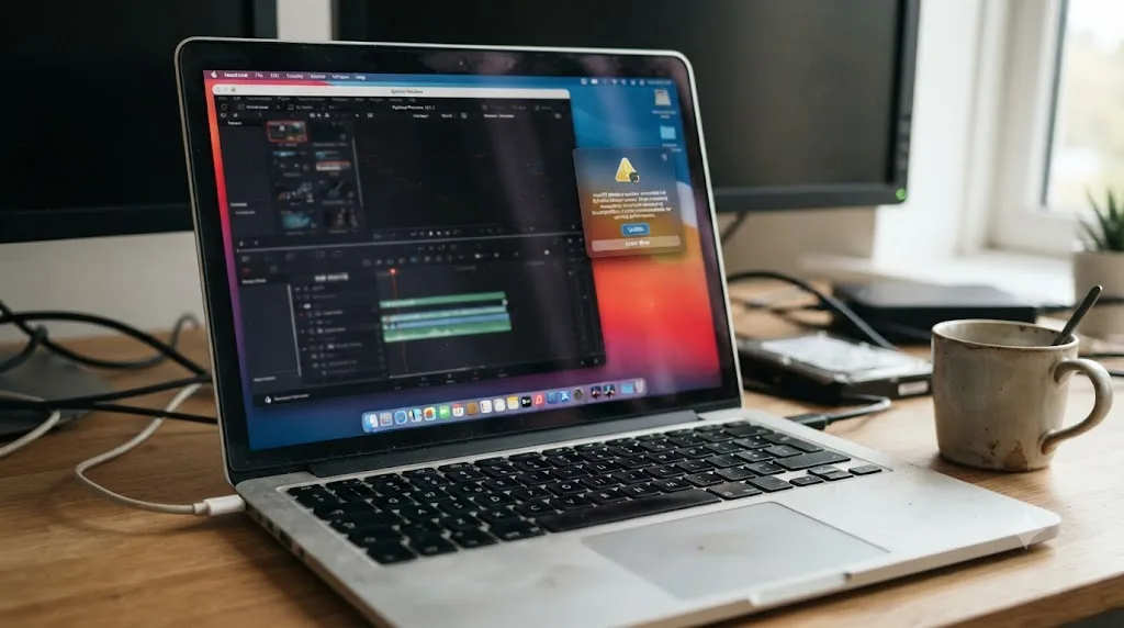 Illustration of an aging Intel Mac running an older DaVinci Resolve version with a macOS update compatibility warning