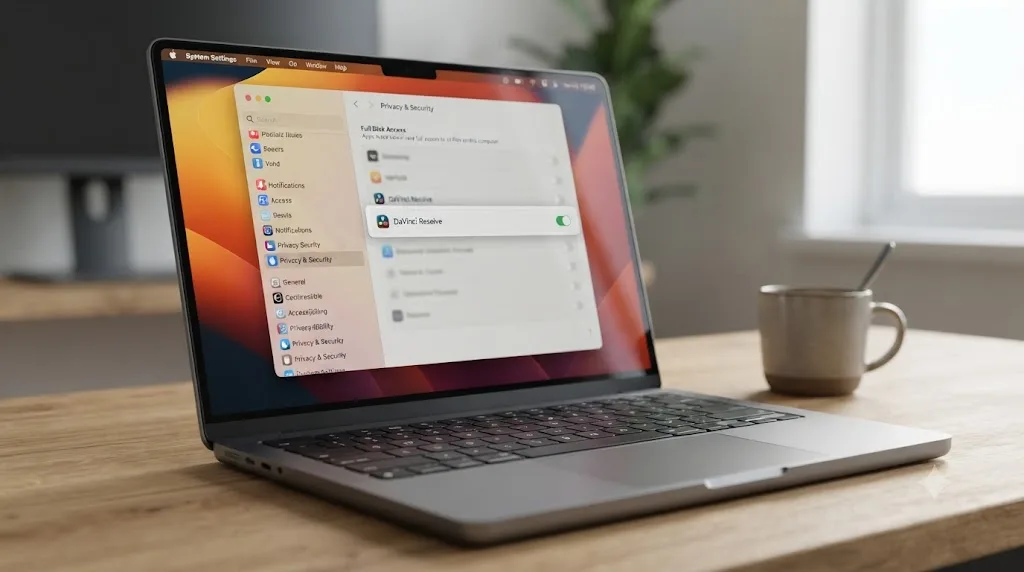 Illustration of the macOS Privacy and Security settings panel with DaVinci Resolve's Full Disk Access permission highlighted