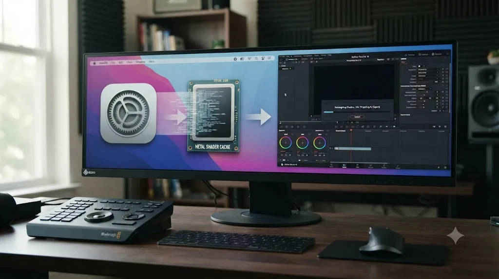 Illustration of a Metal shader cache being cleared by a macOS update and rebuilt during DaVinci Resolve's first export afterward