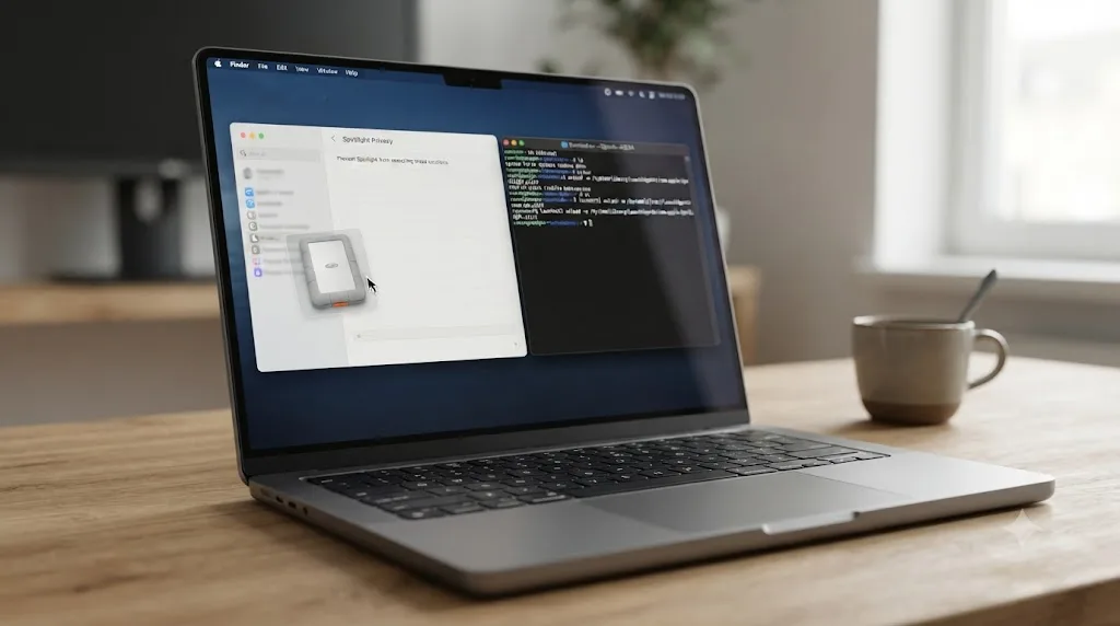 Illustration of the macOS Spotlight Privacy settings panel and a Terminal window used to temporarily reduce background indexing load