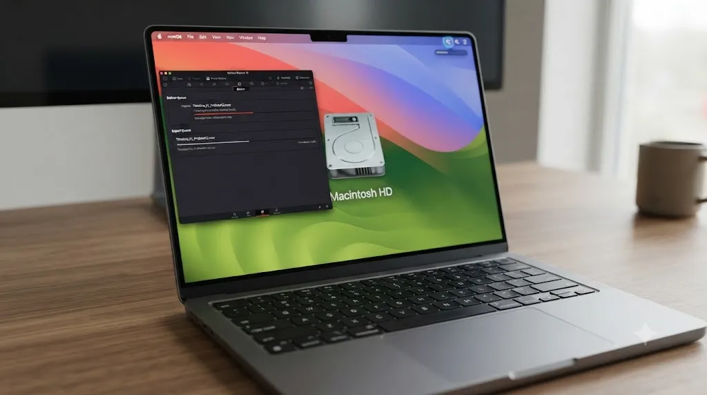 Illustration of Spotlight reindexing and a DaVinci Resolve export competing for the same internal drive after a macOS update