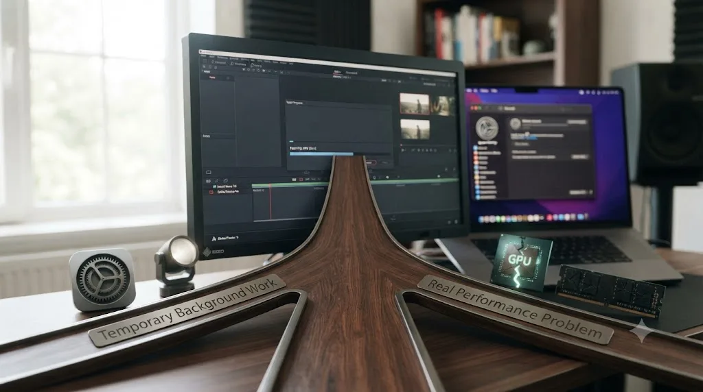 Illustration of a decision fork between temporary background macOS work and a real performance problem after an update