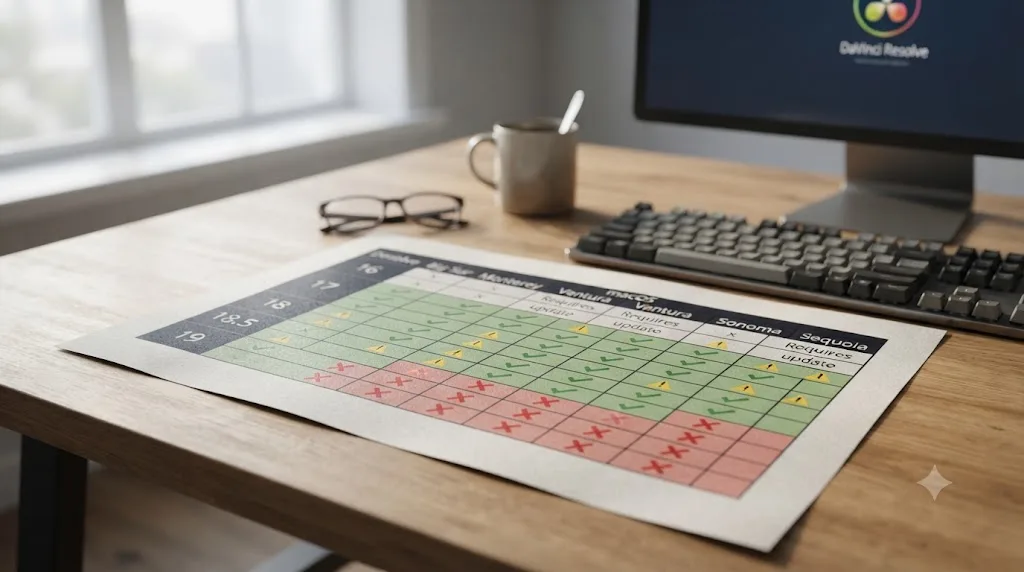 Illustration of a compatibility matrix crossing DaVinci Resolve versions against macOS versions with supported pairings marked