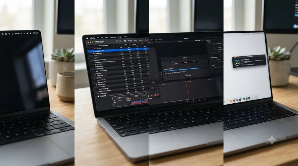 Illustration of a step by step diagnostic sequence showing a DaVinci Resolve export recovering to normal speed after a macOS update
